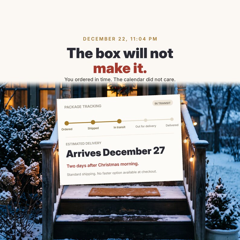 Może przedstawiać: Cyfrowa grafika przedstawiająca informacje o śledzeniu przesyłki z tekstem: DECEMBER 22, 11:04 PM, The box will not make it. You ordered in time. The calendar did not care. PACKAGE TRACKING, IN TRANSIT, Arrives December 27, Two days after Christmas.