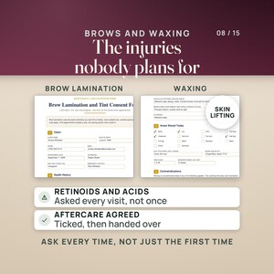 May include: An educational graphic titled BROWS AND WAXING The injuries nobody plans for, featuring two consent forms for brow lamination and waxing. It includes text about skin lifting, retinoids, acids, and aftercare, emphasizing asking every time.