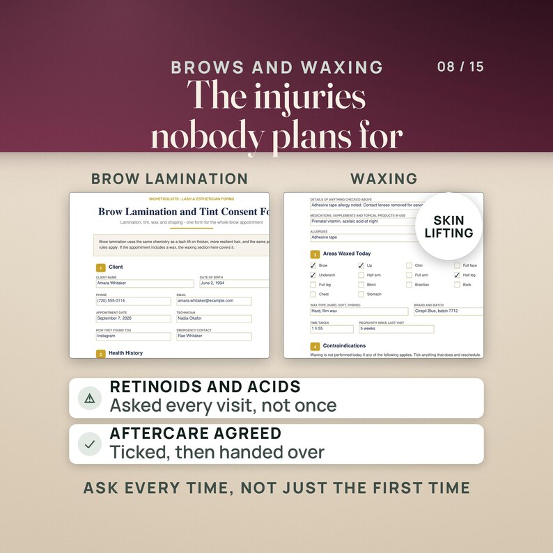 May include: An educational graphic titled BROWS AND WAXING The injuries nobody plans for, featuring two consent forms for brow lamination and waxing. It includes text about skin lifting, retinoids, acids, and aftercare, emphasizing asking every time.