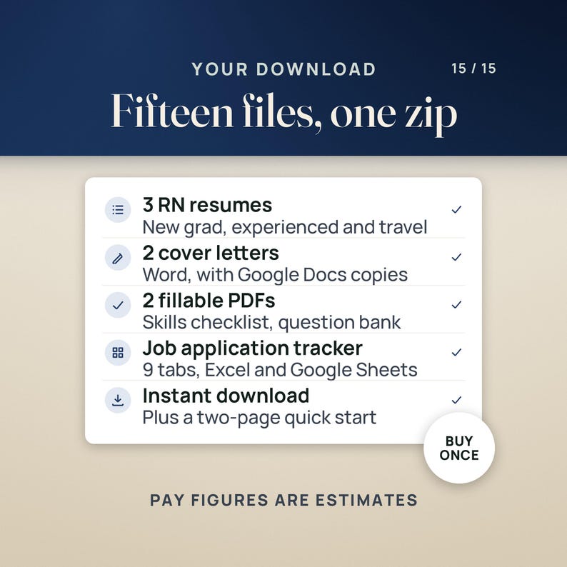 Your download, 15 files in one zip: 3 RN resumes (new grad, experienced, travel), 2 cover letters in Word with Google Docs copies, 2 fillable PDFs (skills checklist and question bank), the job application tracker with 9 tabs for Excel and Google Sheets, and a two-page quick start. Instant download.