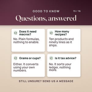 May include: An informational graphic titled Good to Know 15/16 Questions, answered. It features four white boxes with Q icons, addressing macros, recipe counts, measurement units, and tax advice. The bottom text reads STILL UNSURE? SEND US A MESSAGE.