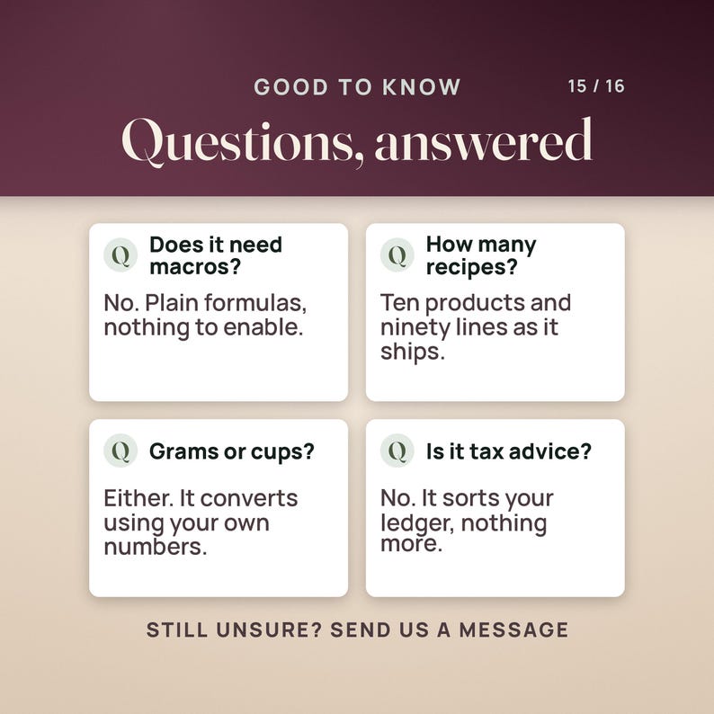 May include: An informational graphic titled Good to Know 15/16 Questions, answered. It features four white boxes with Q icons, addressing macros, recipe counts, measurement units, and tax advice. The bottom text reads STILL UNSURE? SEND US A MESSAGE.