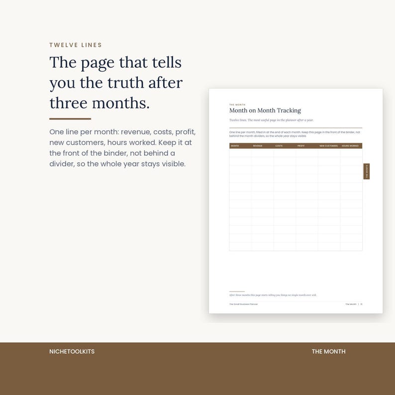 The Month on Month Tracking page, a twelve line table with columns for month, revenue, costs, profit, new customers and hours worked. Described as the page that tells you the truth after three months.