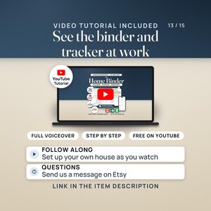 A laptop plays the YouTube tutorial for the Home Binder, with labels for full voiceover, step by step and free on YouTube. The link is in the item description.