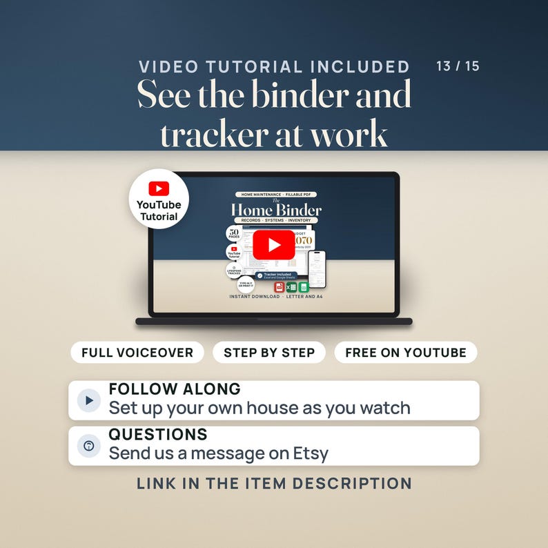 A laptop plays the YouTube tutorial for the Home Binder, with labels for full voiceover, step by step and free on YouTube. The link is in the item description.