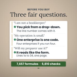 May include: An informational graphic titled BEFORE YOU BUY Three fair questions. It lists three concerns with corresponding answers: You pick from a drop-down, One enterprise is one code, and It reads like the form. A green bar displays 7,657 formulas and 5,810 checks.