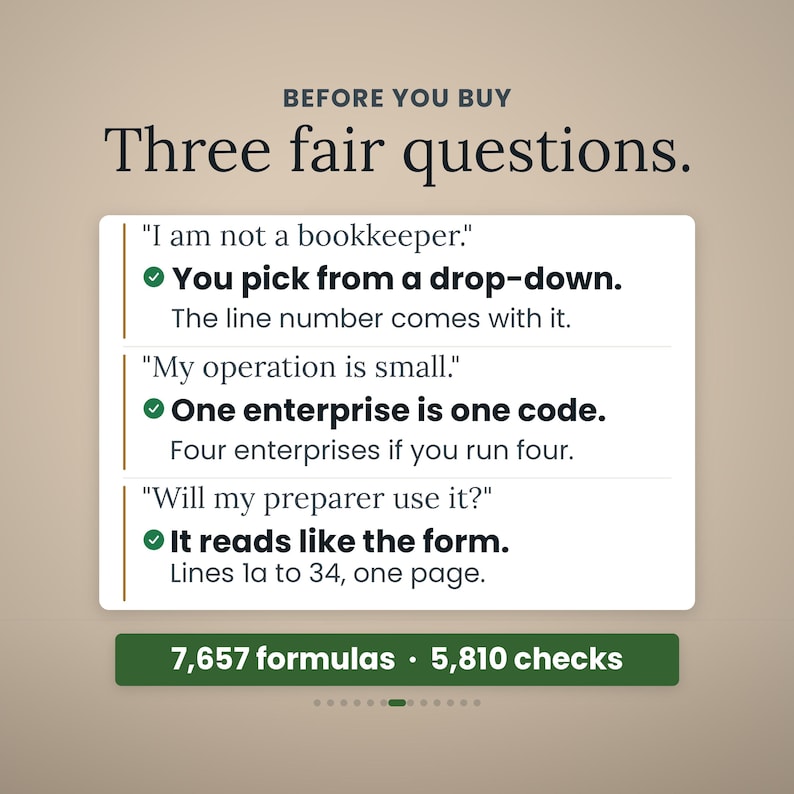 May include: An informational graphic titled BEFORE YOU BUY Three fair questions. It lists three concerns with corresponding answers: You pick from a drop-down, One enterprise is one code, and It reads like the form. A green bar displays 7,657 formulas and 5,810 checks.