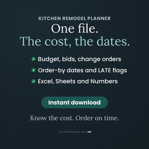 Puede incluir: Un planificador digital de remodelaci&oacute;n de cocina en azul cerceta oscuro con texto blanco: Kitchen Remodel Planner, One file. The cost, the dates. Budget, bids, change orders, Order-by dates and LATE flags, Excel, Sheets and Numbers. Instant download. Know the cost. Order on time.