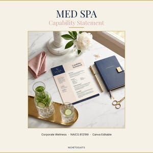 May include: A styled workspace featuring a "MED SPA Capability Statement" document, a navy blue notebook, a gold pen, and a glass carafe with cucumber slices. A pink napkin and a gold tray with a glass of water are also present.