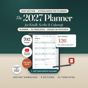 The 2027 Planner for Kindle Scribe and Colorsoft: a generic e-ink tablet showing the real Week 11 page (Mar 15 to 21, 2027), with seals for 702 pages, the YouTube tutorial, 426 day pages, Monday or Sunday start and the left-hand edition.