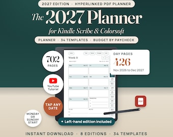 Kindle Scribe Planner 2027, Hyperlinked PDF Planner for Kindle Scribe and Colorsoft, Daily Weekly Monthly, Budget by Paycheck, 34 Templates