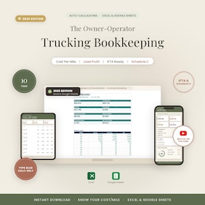 May include: A digital bookkeeping spreadsheet for owner-operator trucking, 2026 edition, compatible with Excel and Google Sheets. Includes a dashboard, load and trip tracker, cost per mile, load profit, IFTA ready, and Schedule C features.