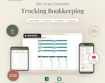 Trucking Owner Operator Bookkeeping Spreadsheet | Excel and Google Sheets Cost Per Mile & IFTA Load Profit Tracker | Schedule C Tax Template