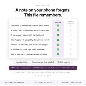 May include: A comparison chart titled Why This One, A note on your phone forgets. This file remembers. It lists seven features with green checkmarks for This file and gray x-marks for A note on your phone, plus buttons for No subscription.