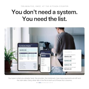 Puede incluir: Una tableta digital y un tel&eacute;fono inteligente que muestran interfaces de panel financiero con el texto True Monthly Obligation, $666.08, $449.98, $403.78 y $234.22, junto con el texto You don't need a system. You need the list. y Ten minutes, once.