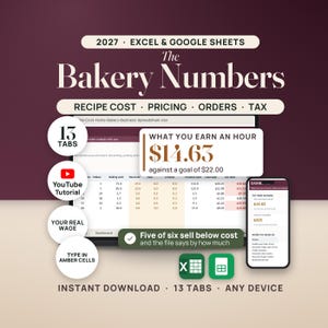 May include: A 2027 Excel and Google Sheets spreadsheet template titled The Bakery Numbers for recipe cost, pricing, orders, and tax. It features 13 tabs, a YouTube tutorial, and a dashboard showing hourly earnings of $14.63 against a $22.00 goal.