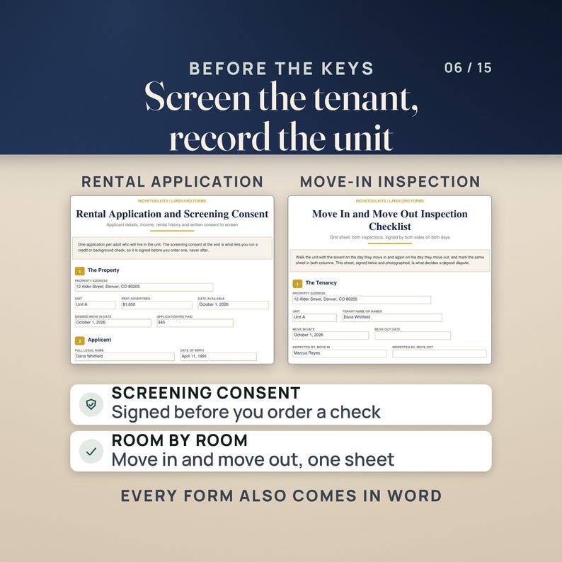 Before the keys: page one of the rental application and screening consent beside page one of the move-in and move-out inspection checklist. The screening consent is signed before you order a check, and the checklist records the unit room by room, move in and move out on one sheet. Every form also comes in Word.