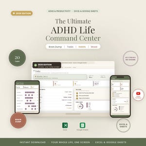 May include: A digital planner titled The Ultimate ADHD Life Command Center 2026 Edition for Excel and Google Sheets. The interface displays a dashboard with tabs for Brain Dump, Tasks, Habits, and Mood, featuring a habit tracker and daily task lists.