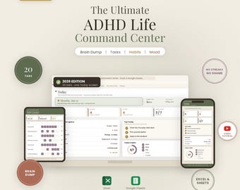Foglio di calcolo per la gestione della vita con ADHD / Agenda completa per Excel e Fogli Google / Appunti, attività, abitudini, umore, bollette