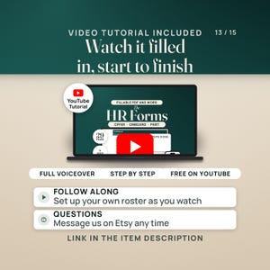 May include: A digital graphic displaying a laptop screen with the text The HR Forms, Offer, Onboard, Part. The graphic includes text stating Video Tutorial Included, Watch it filled in, start to finish, Full Voiceover, Step by Step, Free on YouTube.
