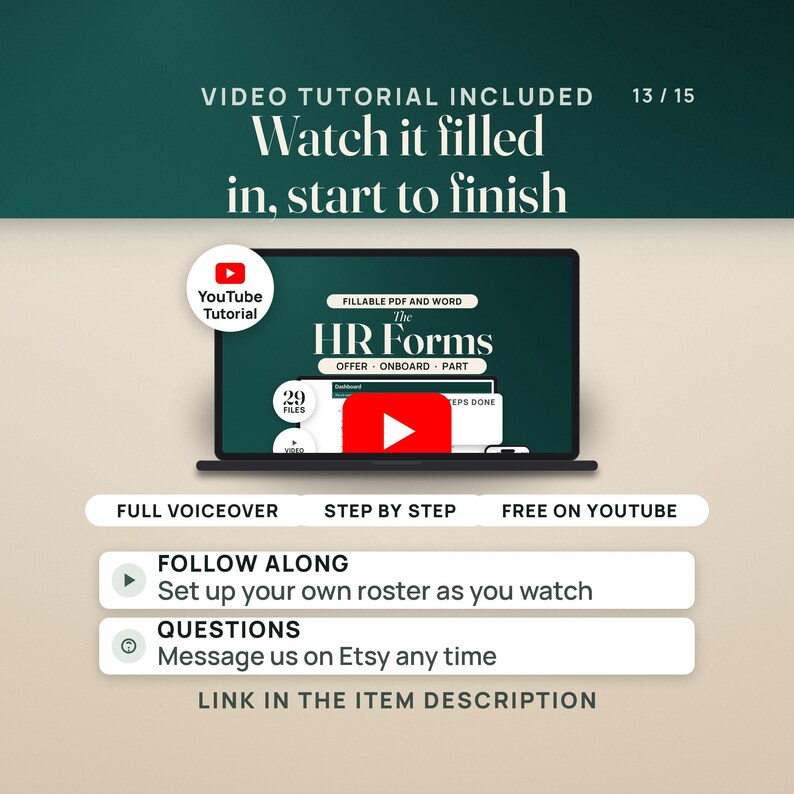 May include: A digital graphic displaying a laptop screen with the text The HR Forms, Offer, Onboard, Part. The graphic includes text stating Video Tutorial Included, Watch it filled in, start to finish, Full Voiceover, Step by Step, Free on YouTube.