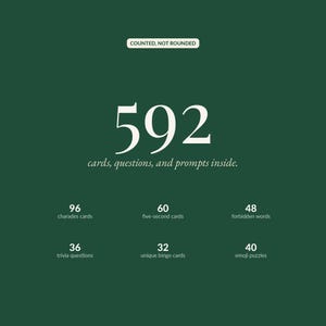 Big number frame: 592 cards, questions, and prompts inside, broken down into 96 charades cards, 60 five-second cards, 48 forbidden words cards, 36 trivia questions, 32 unique bingo cards, and 40 emoji puzzles.