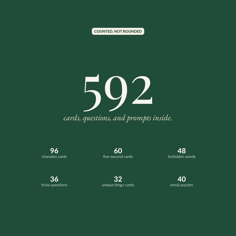 Big number frame: 592 cards, questions, and prompts inside, broken down into 96 charades cards, 60 five-second cards, 48 forbidden words cards, 36 trivia questions, 32 unique bingo cards, and 40 emoji puzzles.