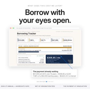 May include: A digital spreadsheet titled College Semester Budget Command Center displaying a Borrowing Tracker. The interface features data fields for debt, federal caps, and graduation projections, with text stating Borrow with your eyes open.