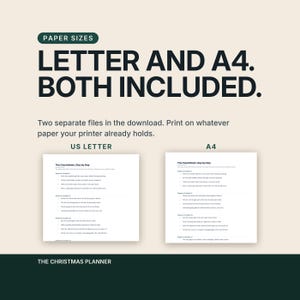A paper size frame headlined Letter and A4. Both included. The caption explains there are two separate files in the download so you can print on whatever paper your printer already holds. A US Letter page and an A4 page are shown side by side.