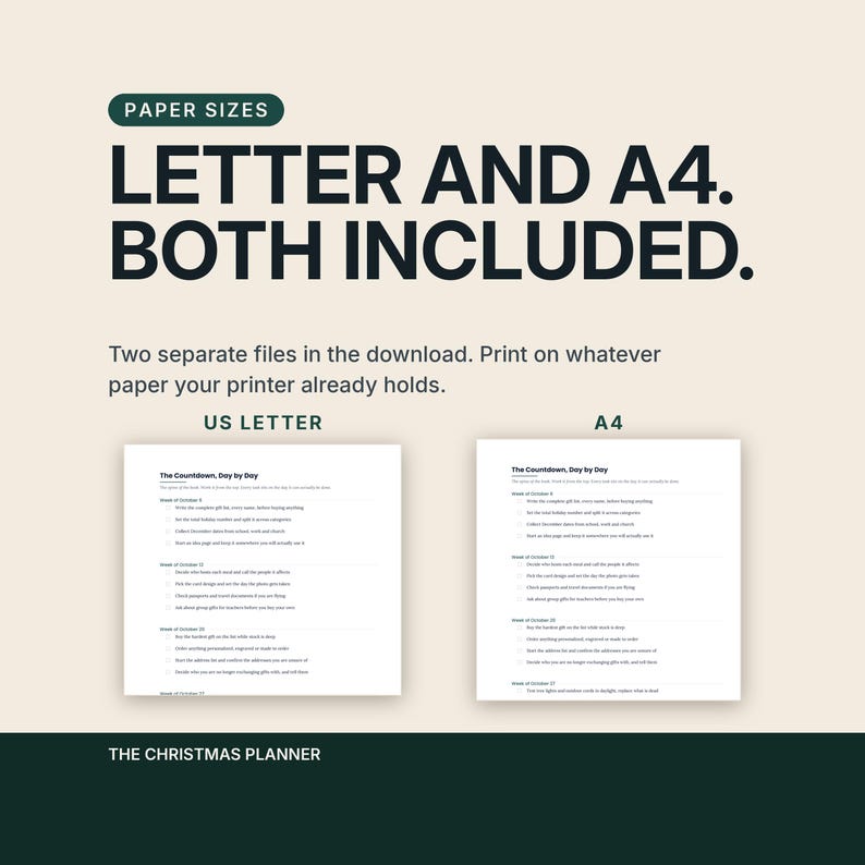 A paper size frame headlined Letter and A4. Both included. The caption explains there are two separate files in the download so you can print on whatever paper your printer already holds. A US Letter page and an A4 page are shown side by side.