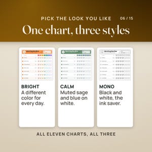 One chart, three styles: Ruby's morning routine side by side in Bright, with a different color for every day, in Calm, muted sage and blue on white, and in Mono, black and white, the ink saver. Each page shows timed steps such as wake up, make my bed and brush my teeth, with check boxes from Monday to Sunday. Caption: all eleven charts, all three.