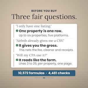 Pode incluir: Um gr&aacute;fico informativo intitulado BEFORE YOU BUY Three fair questions. Lista tr&ecirc;s perguntas comuns sobre listagens de propriedades, arquivos CSV e uso por contadores, com respostas e uma barra azul inferior indicando 10.572 f&oacute;rmulas e 4.481 verifica&ccedil;&otilde;es.