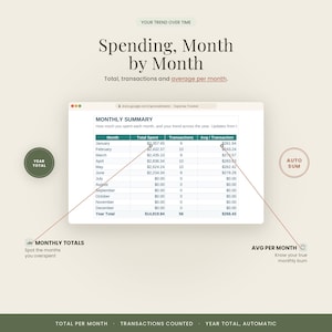 May include: A digital expense tracker spreadsheet interface titled Monthly Summary, displaying columns for Month, Total Spent, Transactions, and Avg/Transaction. The table lists data from January to June with a Year Total row at the bottom.