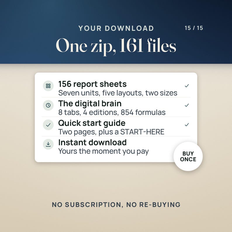 May include: A digital product summary graphic featuring the text YOUR DOWNLOAD, One zip, 161 files, 156 report sheets, The digital brain, Quick start guide, Instant download, and BUY ONCE. The list includes details like 8 tabs, 4 editions, and 854 formulas.