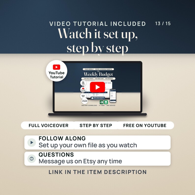 Puede incluir: Una pantalla de port&aacute;til que muestra una hoja de c&aacute;lculo de presupuesto digital titulada The Weekly Budget con superposiciones de texto que dicen Video Tutorial Included, Watch it set up, step by step, Full Voiceover, Follow Along.