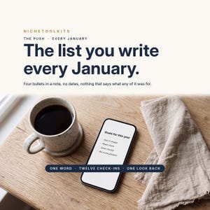 Peut inclure: Un graphique num&eacute;rique avec le texte NICHETOOLKITS THE PUSH EVERY JANUARY The list you write every January. Four bullets in a note, no dates, nothing that says what any of it was for. Un smartphone affiche Goals for this year.