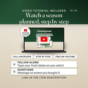 Video tutorial included: a laptop shows the tutorial's thumbnail with a play button, beside a YouTube Tutorial seal and pills reading Full voiceover, Step by step and Free on YouTube. Rows read Follow along, type your frost dates as you watch, and Questions, message us where you bought it. The caption reads Link in the item description.