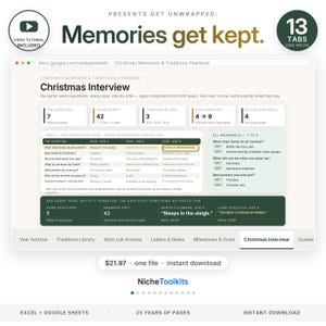Puede incluir: Una plantilla de hoja de c&aacute;lculo digital para un anuario de recuerdos y tradiciones navide&ntilde;as, que incluye una secci&oacute;n de entrevista navide&ntilde;a con columnas para a&ntilde;os, edades y preguntas. La interfaz muestra pesta&ntilde;as para archivos y hitos.