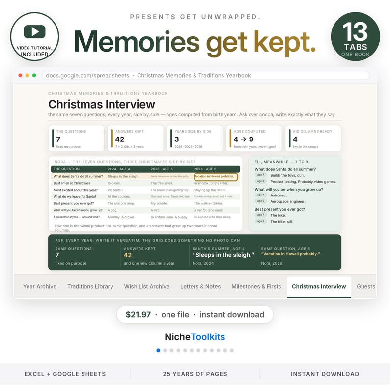 Puede incluir: Una plantilla de hoja de c&aacute;lculo digital para un anuario de recuerdos y tradiciones navide&ntilde;as, que incluye una secci&oacute;n de entrevista navide&ntilde;a con columnas para a&ntilde;os, edades y preguntas. La interfaz muestra pesta&ntilde;as para archivos y hitos.