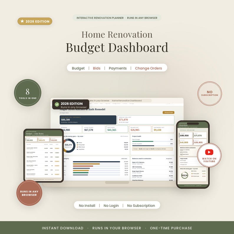 Home Renovation Budget Dashboard | Interactive Renovation App for Any Browser | Live Bid Comparison and Draw Tracker image 1