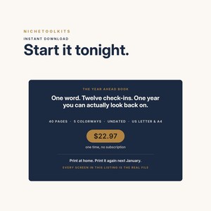 Peut inclure: Une fiche produit num&eacute;rique pour The Year Ahead Book, avec le texte Start it tonight, One word. Twelve check-ins. One year you can actually look back on. Il comprend 40 pages, 5 coloris, n'est pas dat&eacute; et est disponible en formats US Letter et A4.