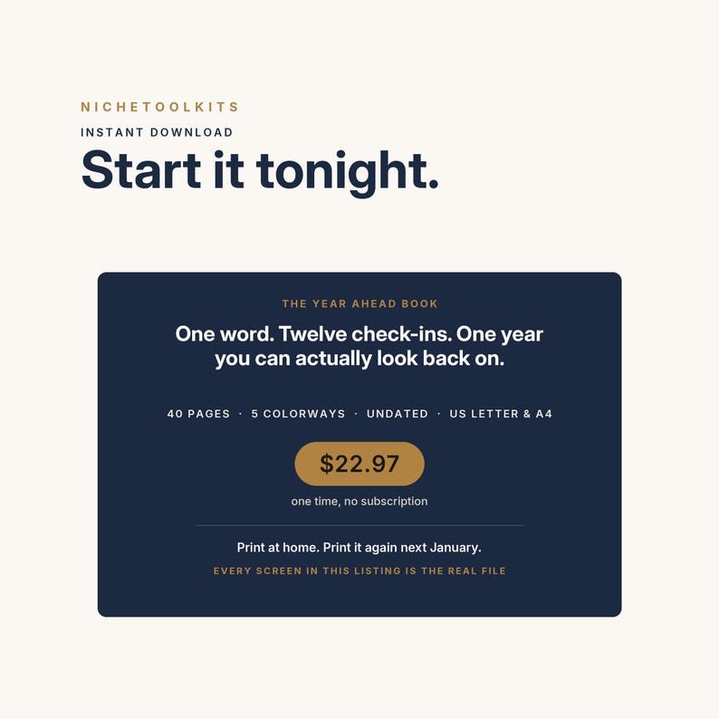 Peut inclure: Une fiche produit num&eacute;rique pour The Year Ahead Book, avec le texte Start it tonight, One word. Twelve check-ins. One year you can actually look back on. Il comprend 40 pages, 5 coloris, n'est pas dat&eacute; et est disponible en formats US Letter et A4.