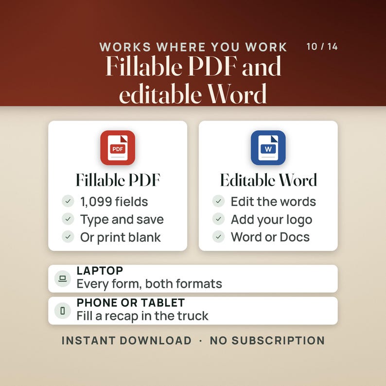 Op de afbeelding: Een digitale documentgids getiteld Works Where You Work, met invulbare PDF- en bewerkbare Word-opties. Het bevat 1.099 velden, type- en opslagfuncties, of blanco afdrukken, plus compatibiliteit voor laptop, telefoon of tablet.
