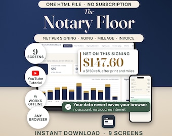 Mobile Notary Fee and Profit Dashboard | Net Pay Per Signing Calculator App, No Install | Mileage, Print Cost & Invoice Aging