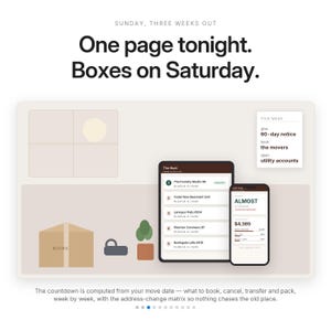 May include: A digital interface display featuring the text 'One page tonight. Boxes on Saturday.' and 'SUNDAY, THREE WEEKS OUT'. It shows a list of apartment rentals, a mobile phone screen with the word 'ALMOST', a box labelled 'BOOKS', and a checklist.