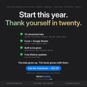 Puede incluir: Una p&aacute;gina de producto para un anuario digital de recuerdos y tradiciones navide&ntilde;as con fondo negro. El texto dice: Start this year. Thank yourself in twenty. Incluye 13 pesta&ntilde;as conectadas, compatibilidad con Excel y Google Sheets.