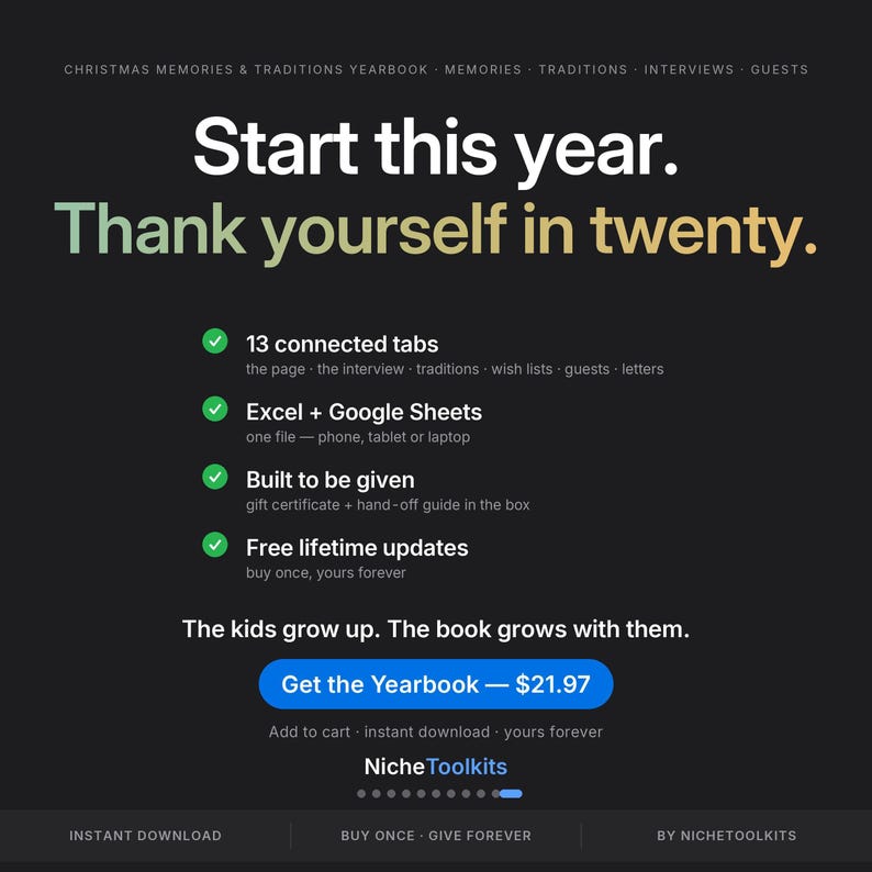 Puede incluir: Una p&aacute;gina de producto para un anuario digital de recuerdos y tradiciones navide&ntilde;as con fondo negro. El texto dice: Start this year. Thank yourself in twenty. Incluye 13 pesta&ntilde;as conectadas, compatibilidad con Excel y Google Sheets.