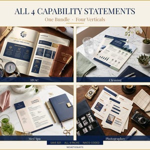 May include: An image showcasing four business capability statements for HVAC, Cleaning, Med Spa, and Photographer services. Each section features documents, notebooks, and related items, with text overlays indicating the service and "ALL 4 CAPABILITY STATEMENTS".