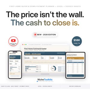First Home Buyer Spreadsheet | Down Payment and Closing Cost Savings Planner | Mortgage Affordability Calculator for Excel and Google Sheets image 1