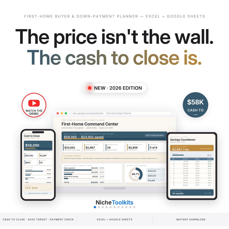 First Home Buyer Spreadsheet | Down Payment and Closing Cost Savings Planner | Mortgage Affordability Calculator for Excel and Google Sheets image 1